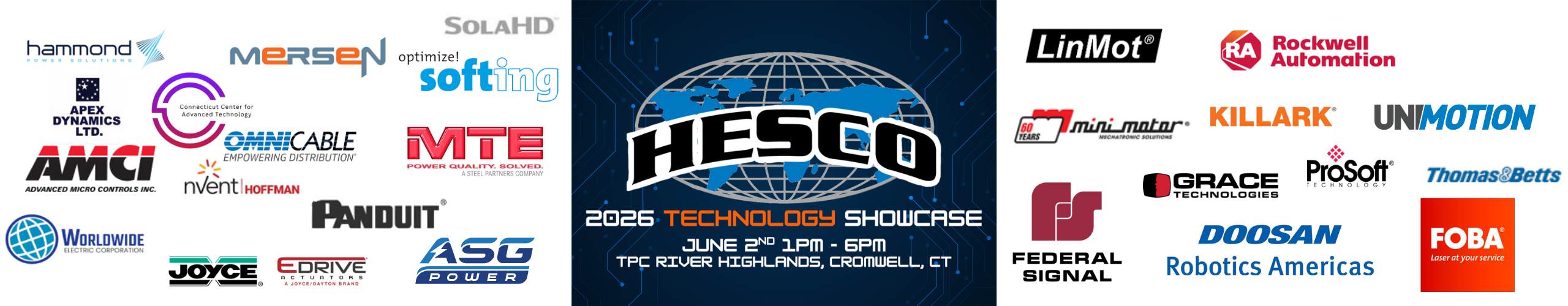 2026 HESCO Technology Showcase banner listing partner brands including Rockwell Automation, Doosan Robotics, FOBA, Panduit, Hammond Power Solutions, ProSoft, and more, with event details for June 2 at TPC River Highlands, Cromwell, CT