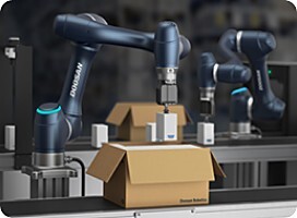 Doosan cobots running a light pick-and-place packing line