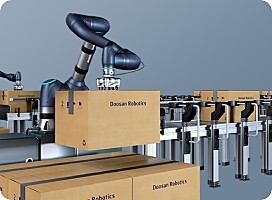 Doosan M-Series cobots on a conveyor packing line