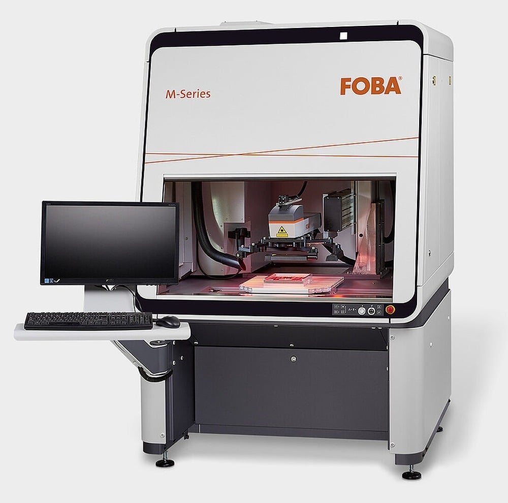 The FOBA M3000: a 970 x 450 mm door opening and a polymer concrete base built for large parts and fine mark detail. Image courtesy of FOBA.